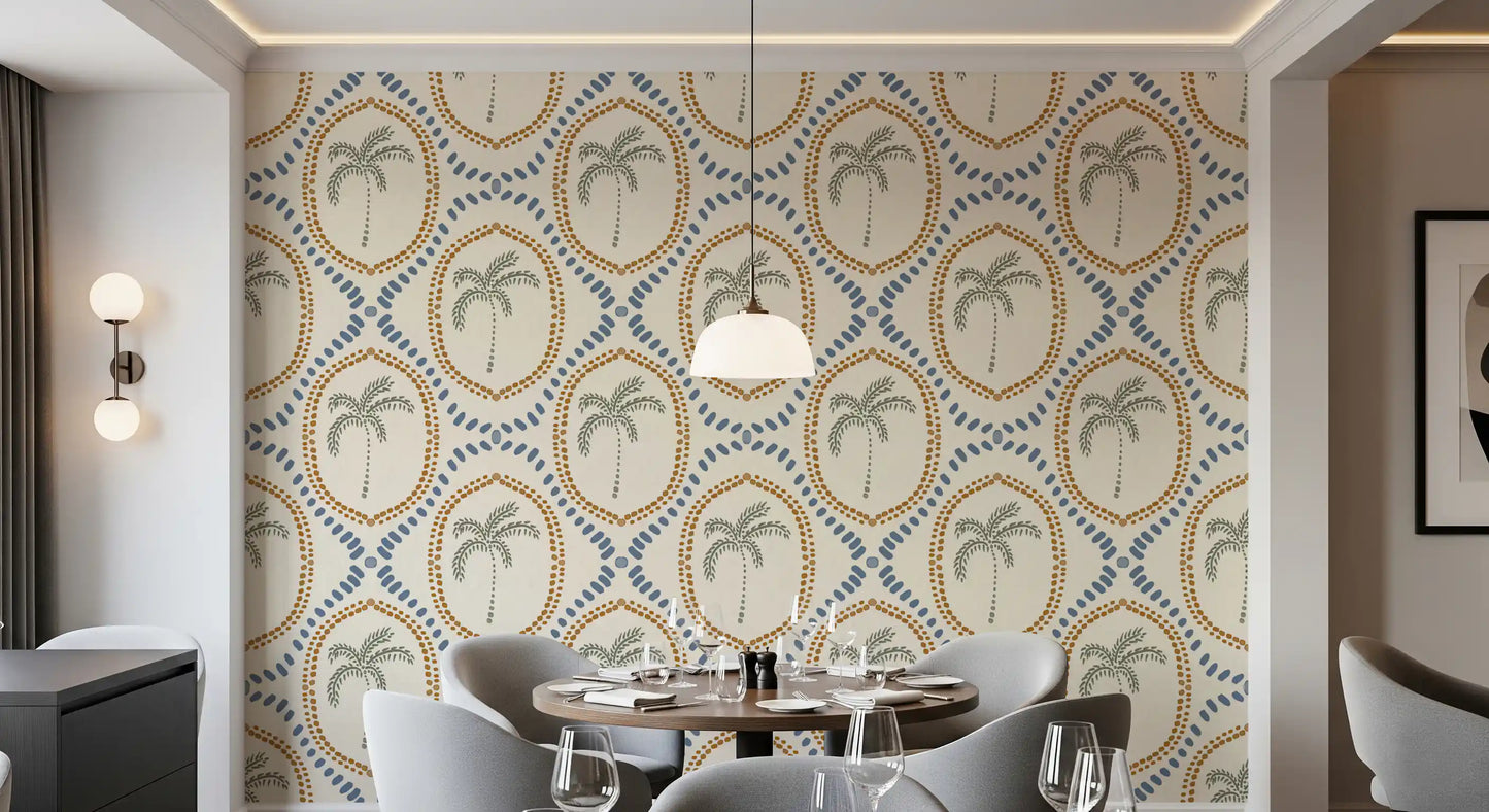 Sage palm trees sit inside dotted ovals on this Beachy Boho Palm Oasis wallpaper.