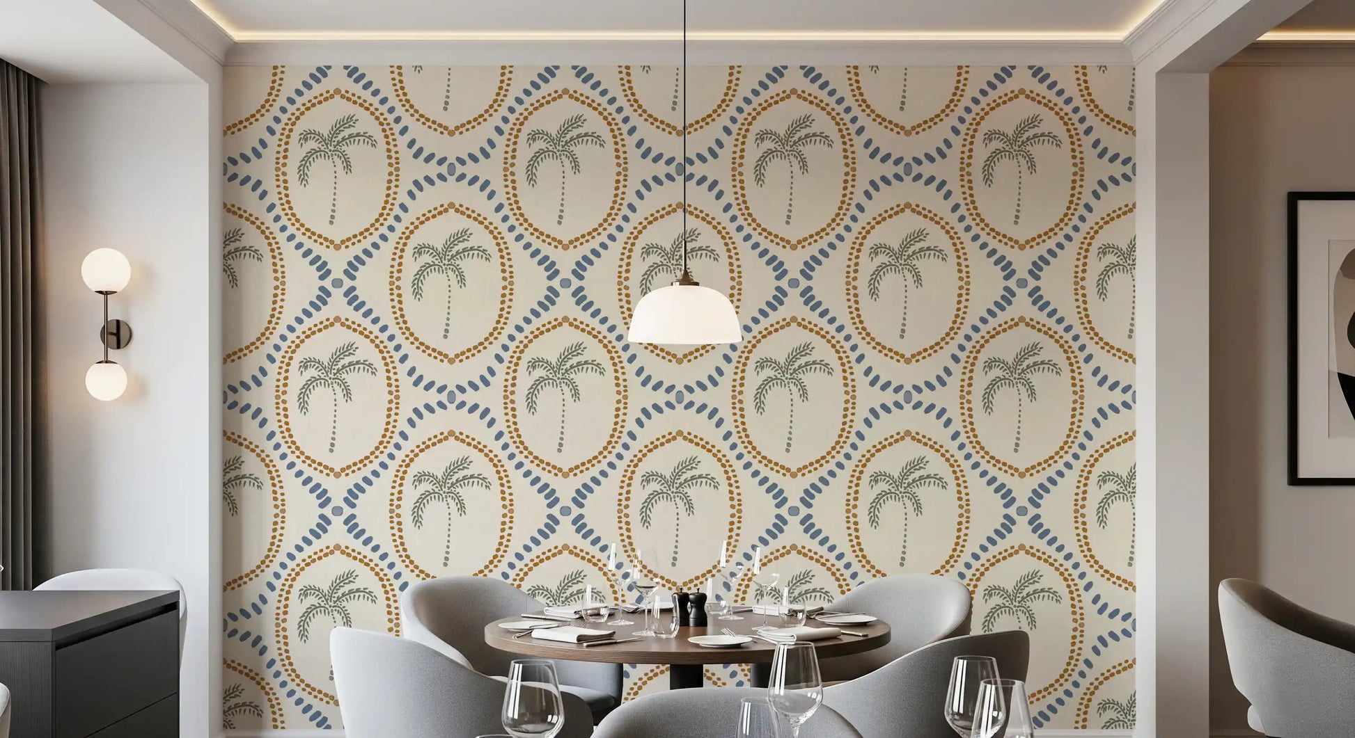 Sage palm trees sit inside dotted ovals on this Beachy Boho Palm Oasis wallpaper.