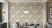 Sage palm trees sit inside dotted ovals on this Beachy Boho Palm Oasis wallpaper.