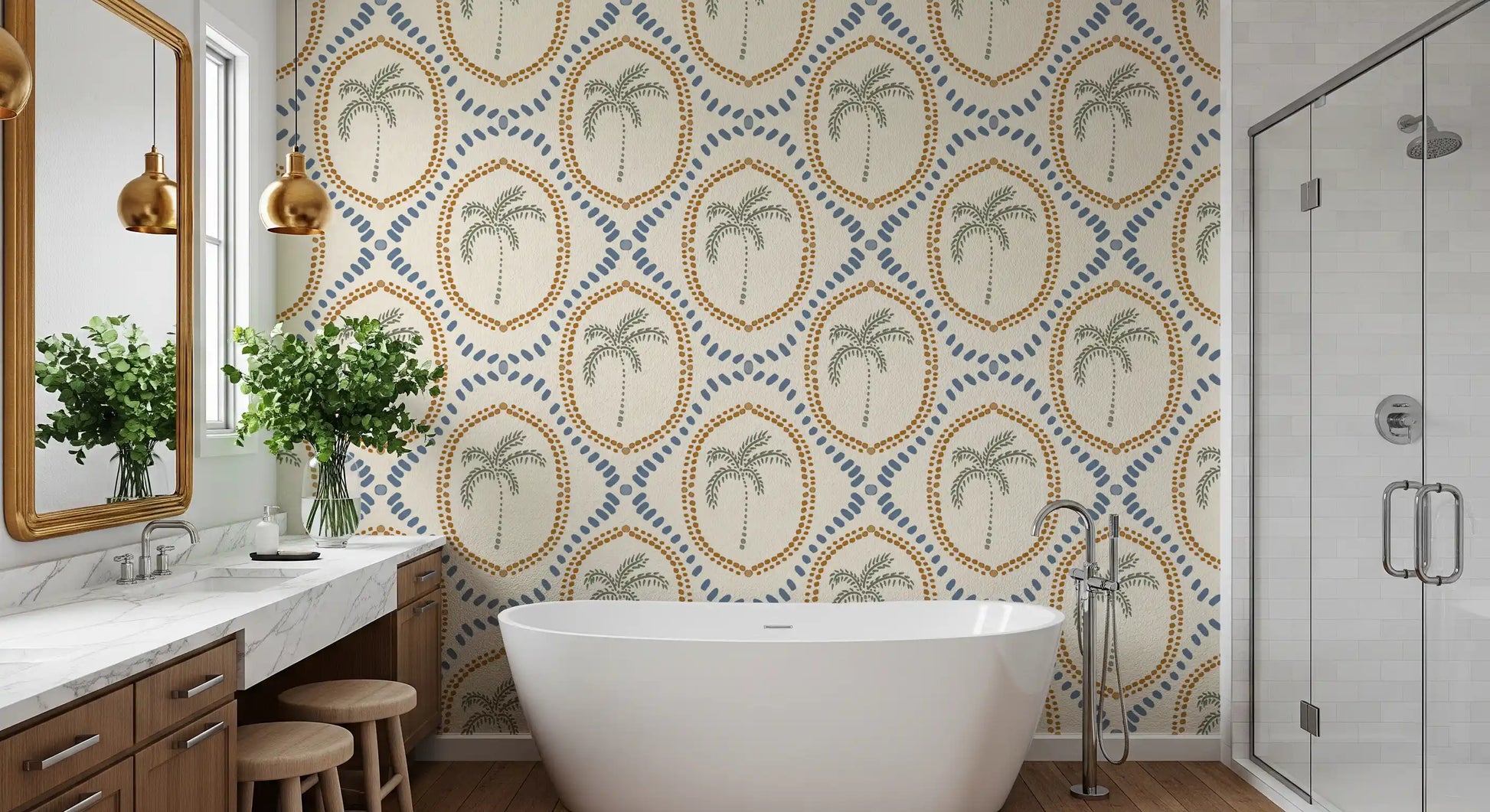 Hand-sketched palm fronds curve gently across Beachy Boho Palm Oasis wallpaper.