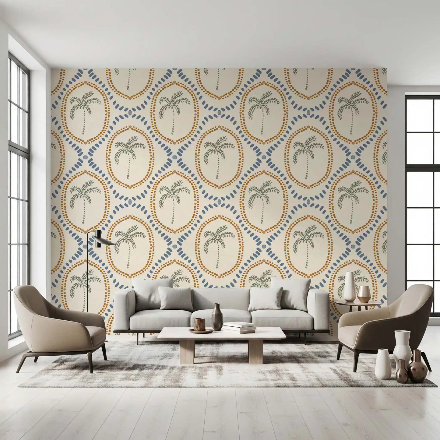 Lounge reads coastal through dotted palm motifs on Beachy Boho Palm Oasis wallpaper.