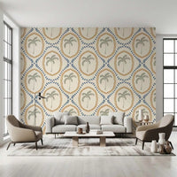 Lounge reads coastal through dotted palm motifs on Beachy Boho Palm Oasis wallpaper.