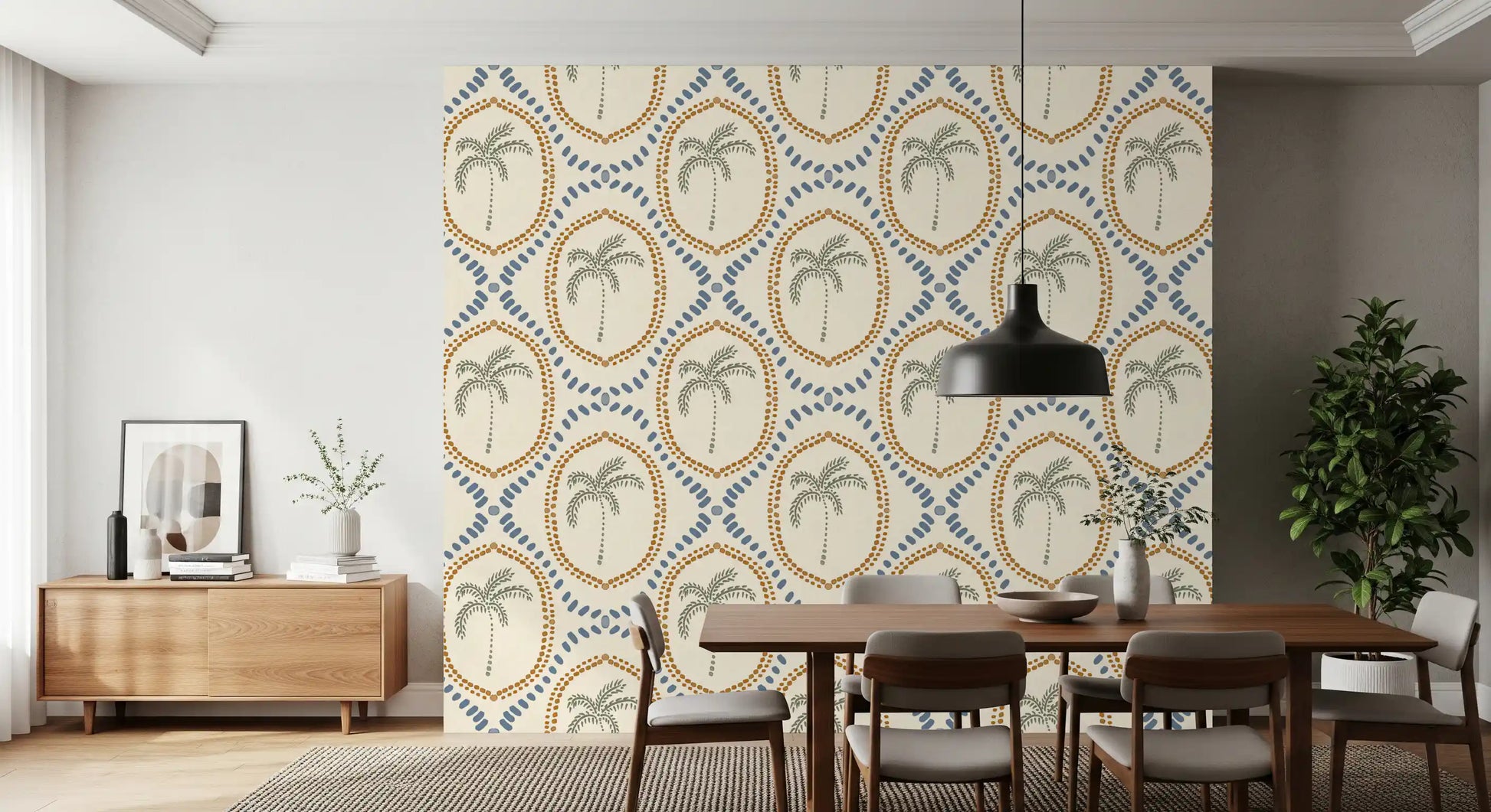 Dining room takes on tropical depth from Beachy Boho Palm Oasis wallpaper.

