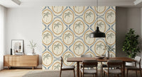 Dining room takes on tropical depth from Beachy Boho Palm Oasis wallpaper.
