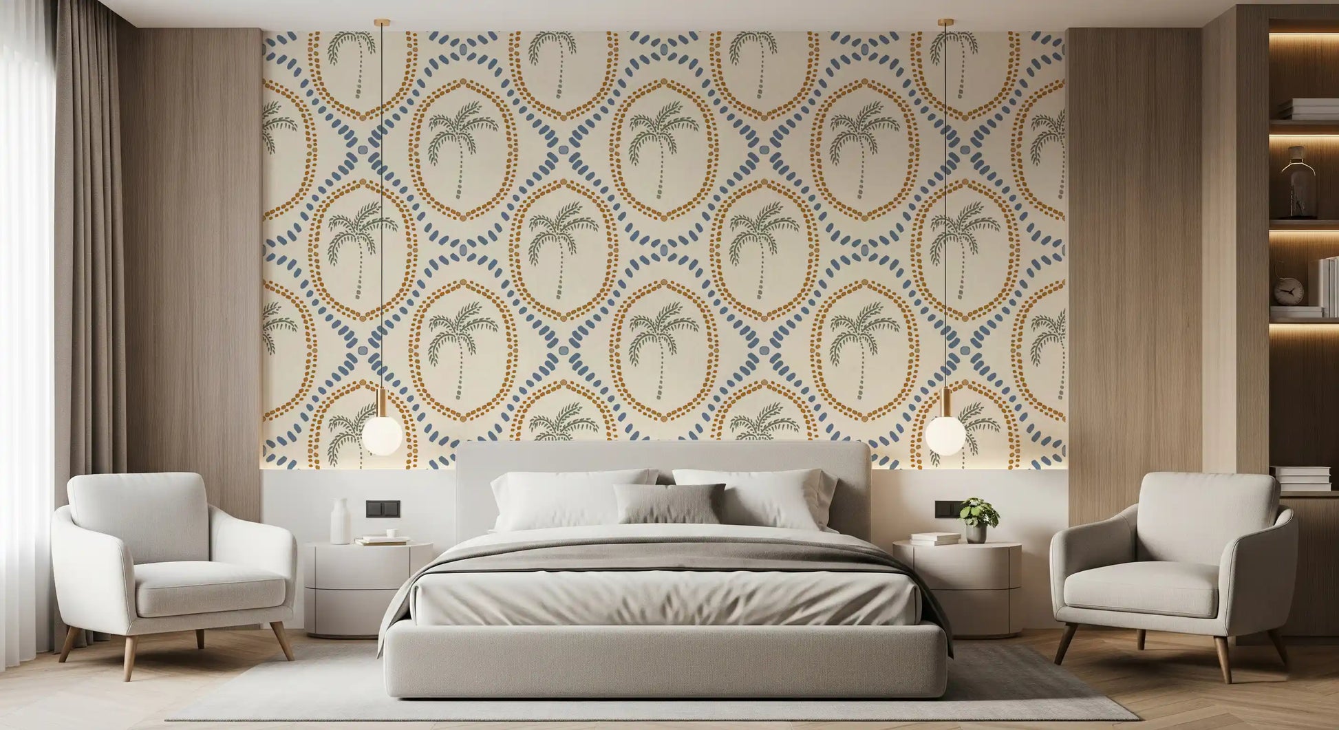 Golden ochre and slate blue beads frame each motif on Beachy Boho Palm wallpaper.