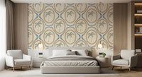 Golden ochre and slate blue beads frame each motif on Beachy Boho Palm wallpaper.