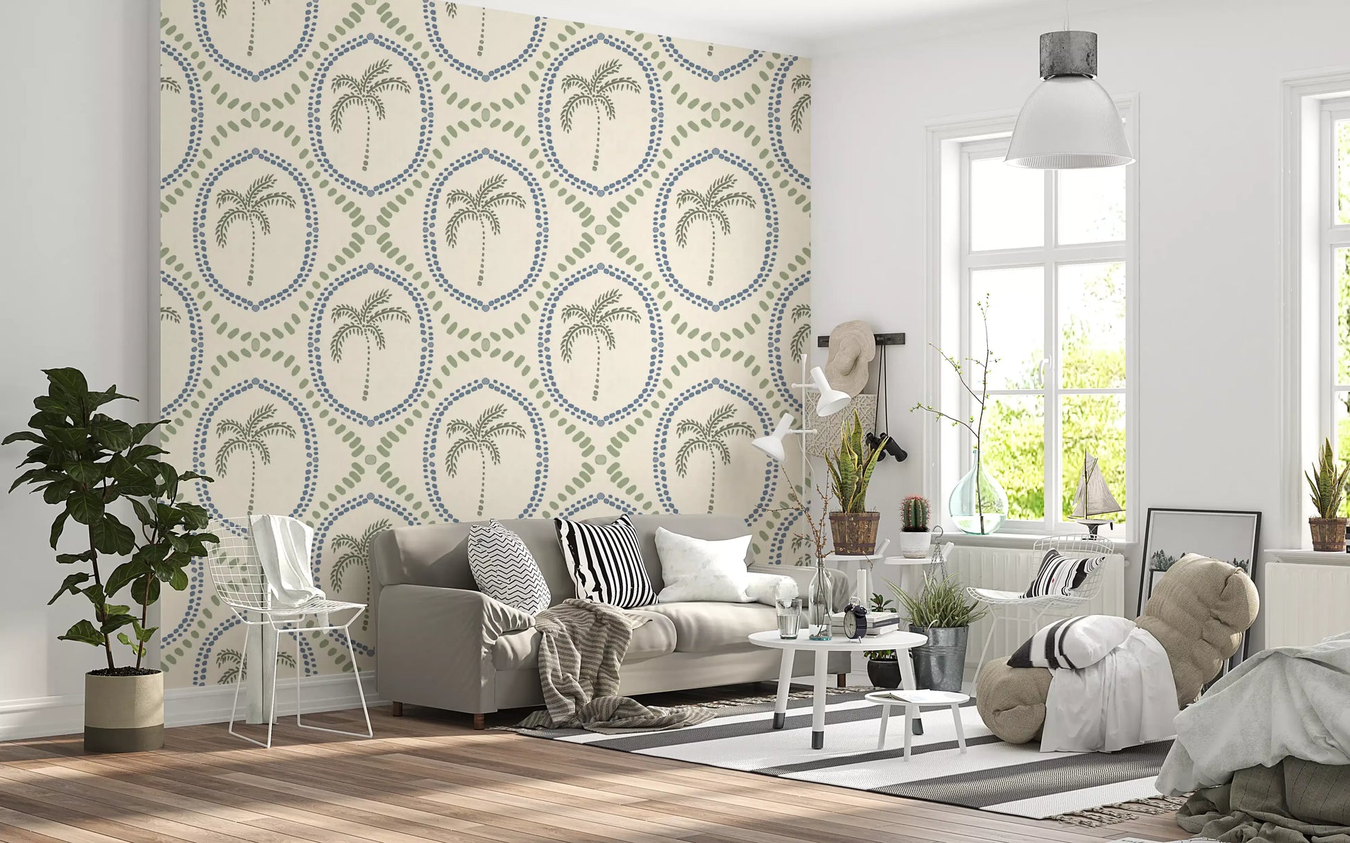 Inner blue rings layer with outer green leaf marks on Slate Blue Green Palm wallpaper.