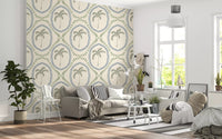 Inner blue rings layer with outer green leaf marks on Slate Blue Green Palm wallpaper.
