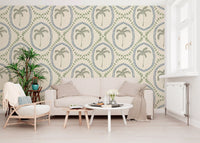 Sage palms sit centred inside every oval on Two-tone Palm Oasis wallpaper.