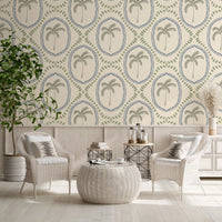 Two-tone bead trails frame each motif on Boho Palm Slate Blue and Green wallpaper.
