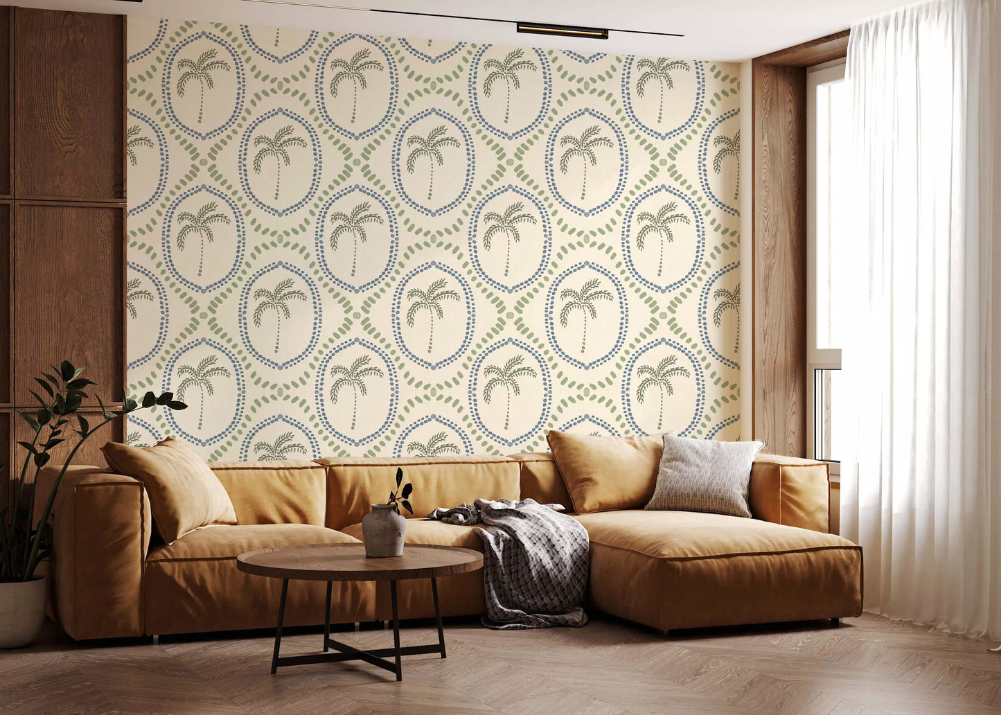 Living room holds gentle pattern motion through Boho Palm Two-tone wallpaper.