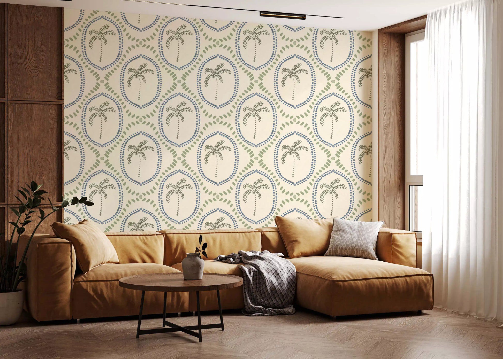 Living room holds gentle pattern motion through Boho Palm Two-tone wallpaper.