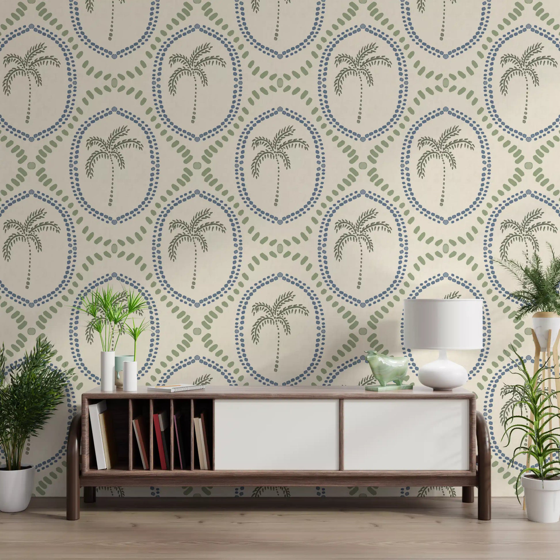 Cream ivory holds the layered colour mix on Boho Palm Slate Blue Green wallpaper.