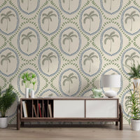 Cream ivory holds the layered colour mix on Boho Palm Slate Blue Green wallpaper.