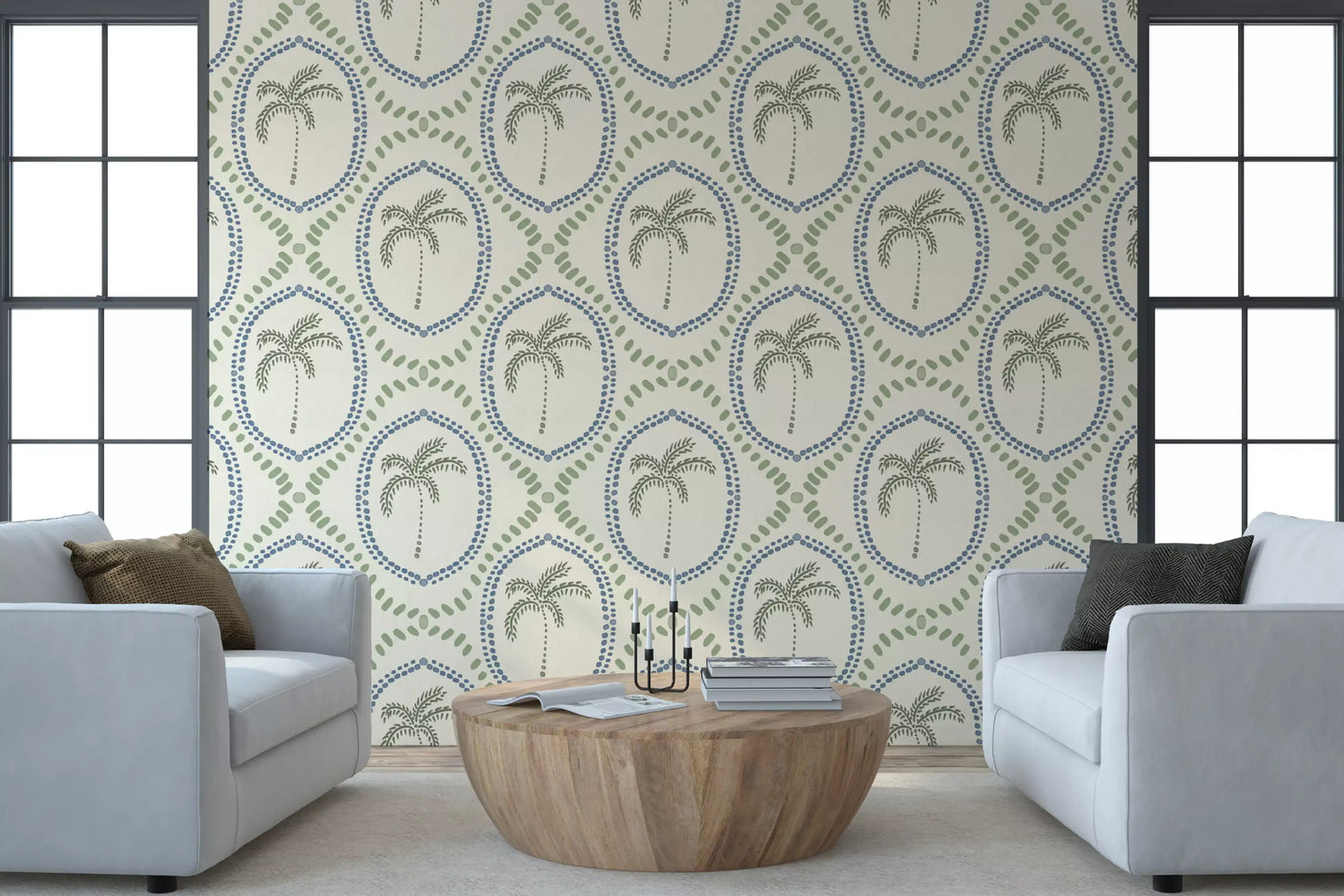 Living room turn breezier through Slate Blue and Green Palm Oasis wallpaper.