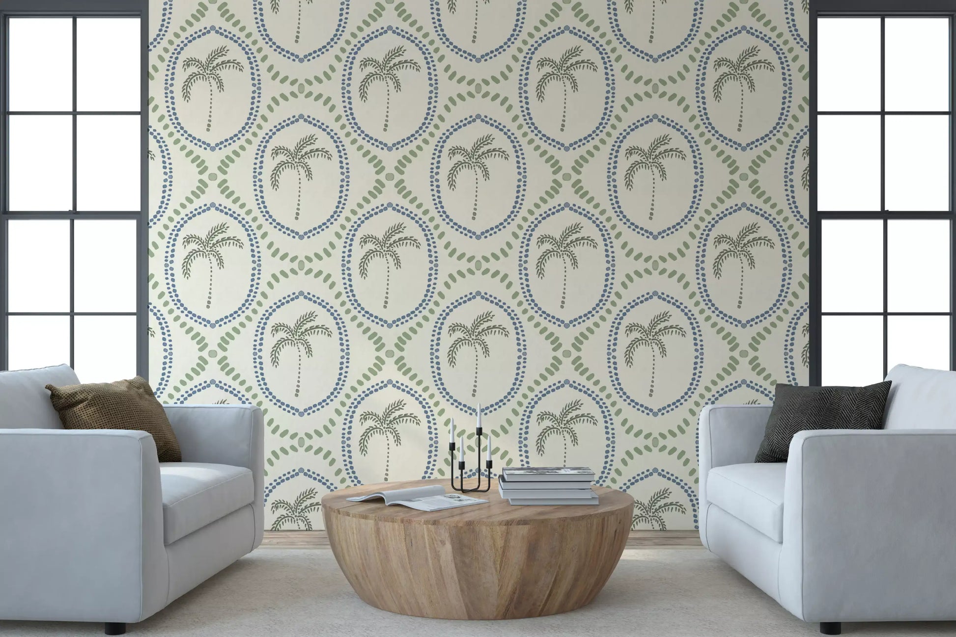 Living room turn breezier through Slate Blue and Green Palm Oasis wallpaper.