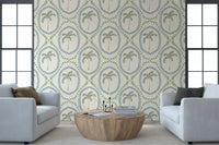 Living room turn breezier through Slate Blue and Green Palm Oasis wallpaper.