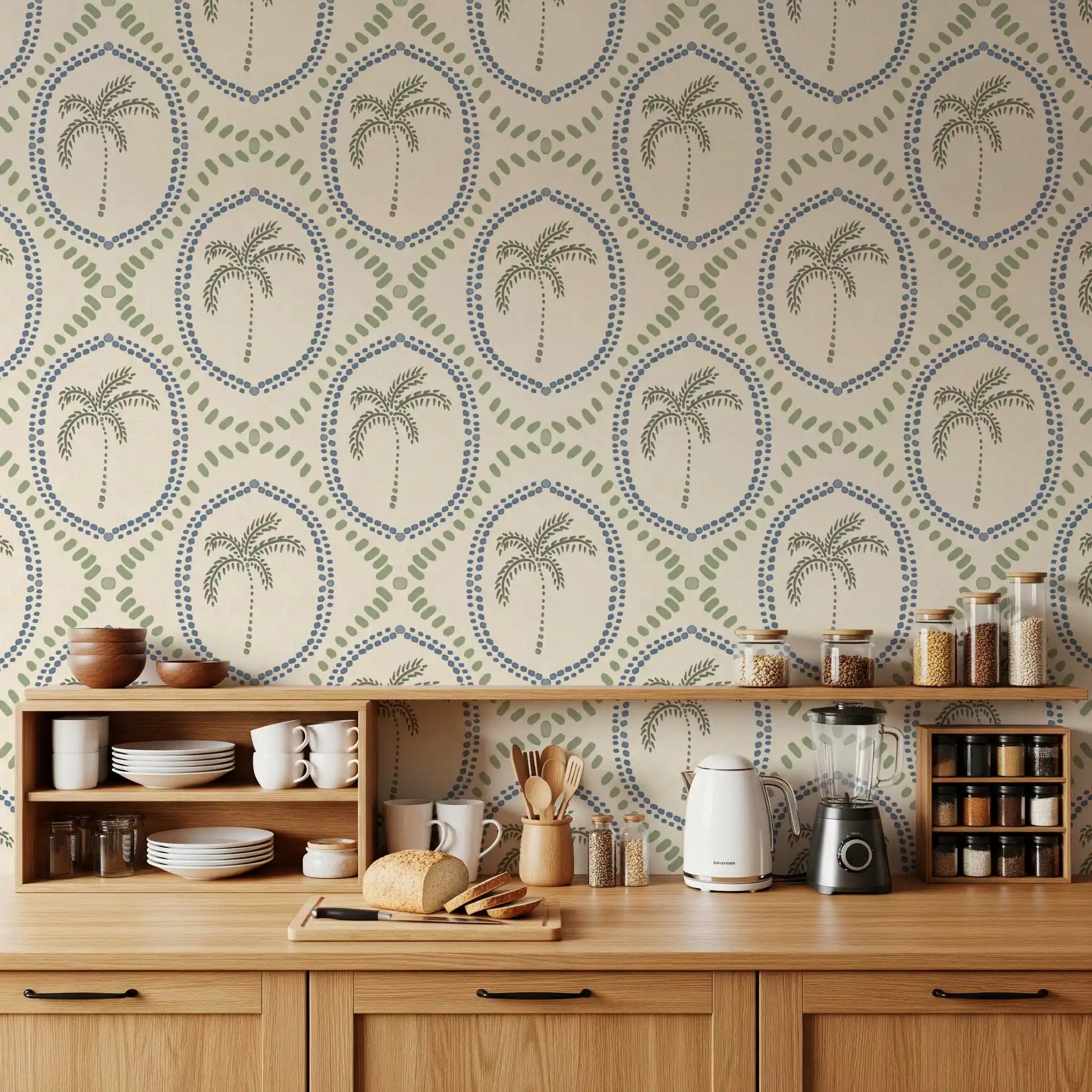 The kitchen-dining area, Two-tone Palm Oasis wallpaper holds cool boho rhythm., GD9638