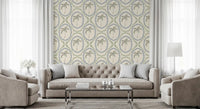 Hallway runs lighter with Slate Blue and Green Palm Oasis Boho wallpaper threading.