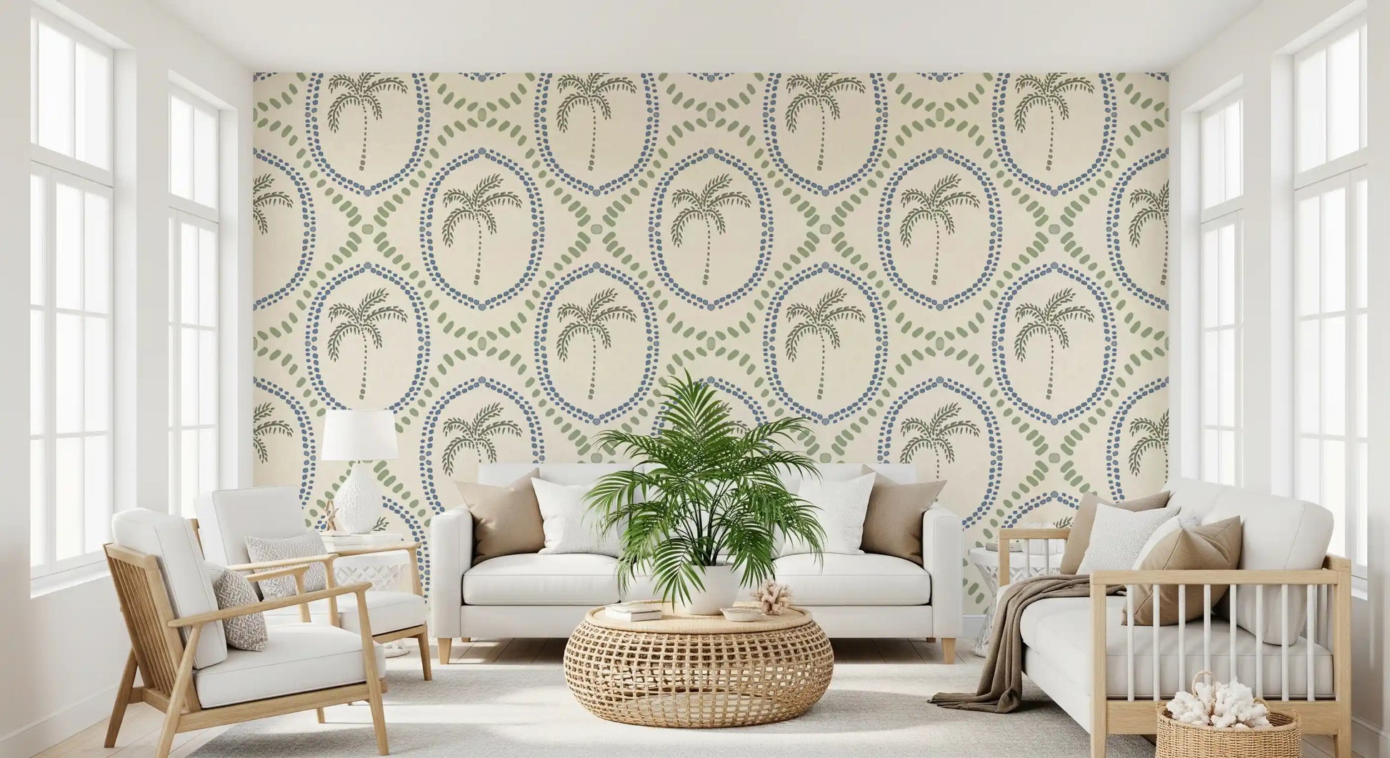 Living room backdrop reads softer with Boho Palm Slate Blue and Green wallpaper.