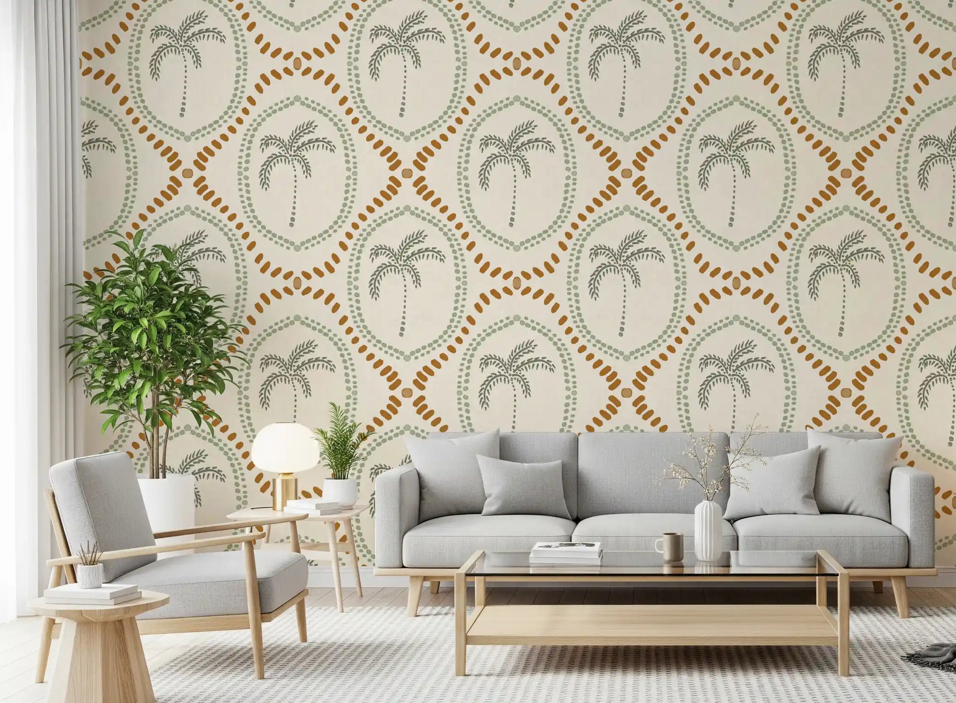 Island-inspired palm wallpaper drifts through a breezy lounge in green and gold., GD9639