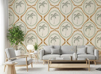 Island-inspired palm wallpaper drifts through a breezy lounge in green and gold., GD9639