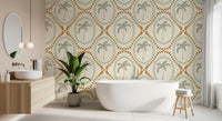 Golden ovals dance around mint pearl strings on a Palm Oasis boho wallpaper repeat., GD9639
