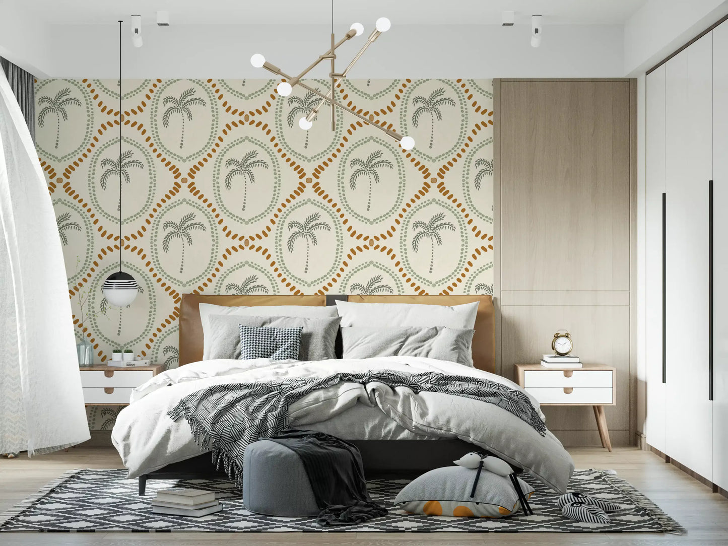 Sage palm trees rising inside ovate frames on a cream Beachy Boho wallpaper., GD9639