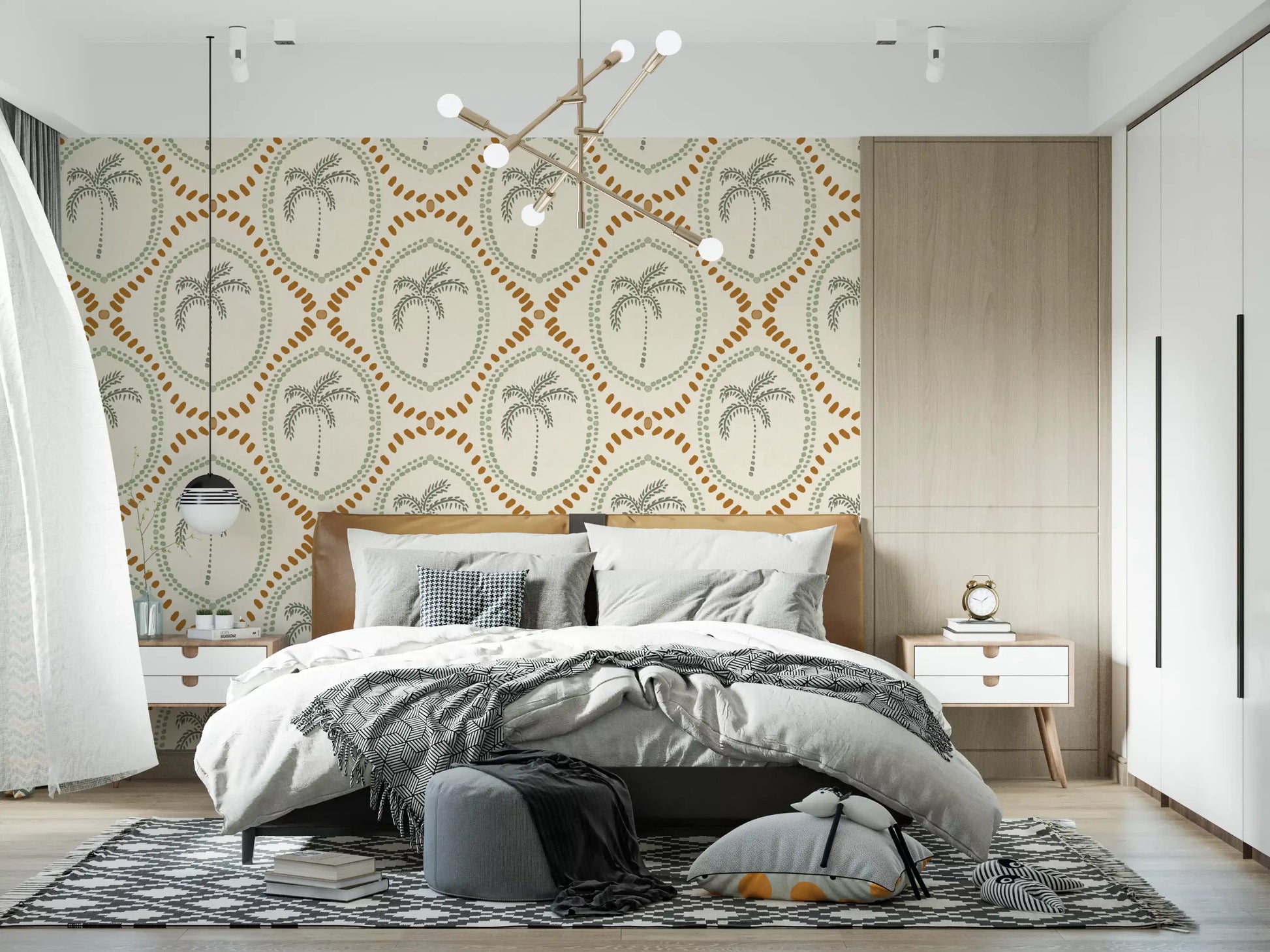 Sage palm trees rising inside ovate frames on a cream Beachy Boho wallpaper., GD9639