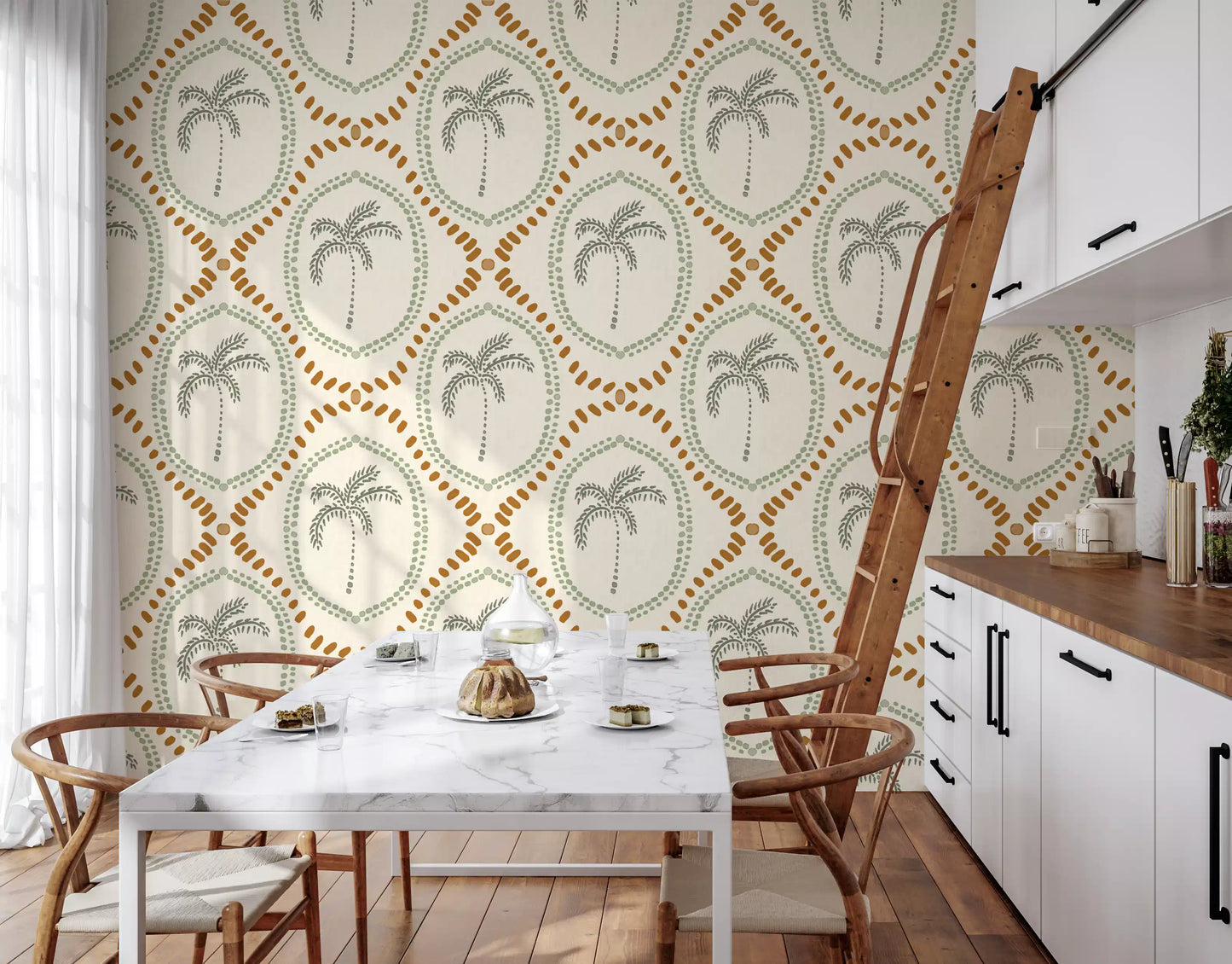 Coastal green and golden palm motifs forming a repeated boho wallpaper pattern., GD9639