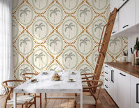 Coastal green and golden palm motifs forming a repeated boho wallpaper pattern., GD9639