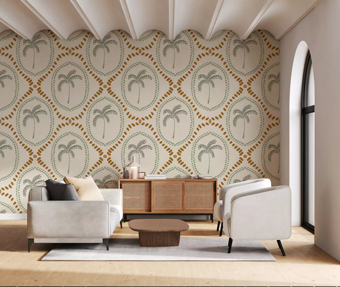 Golden dot symmetry meets sage palm fronds inside a coastal living room wallpaper., GD9639