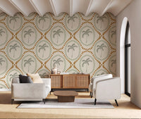Golden dot symmetry meets sage palm fronds inside a coastal living room wallpaper., GD9639