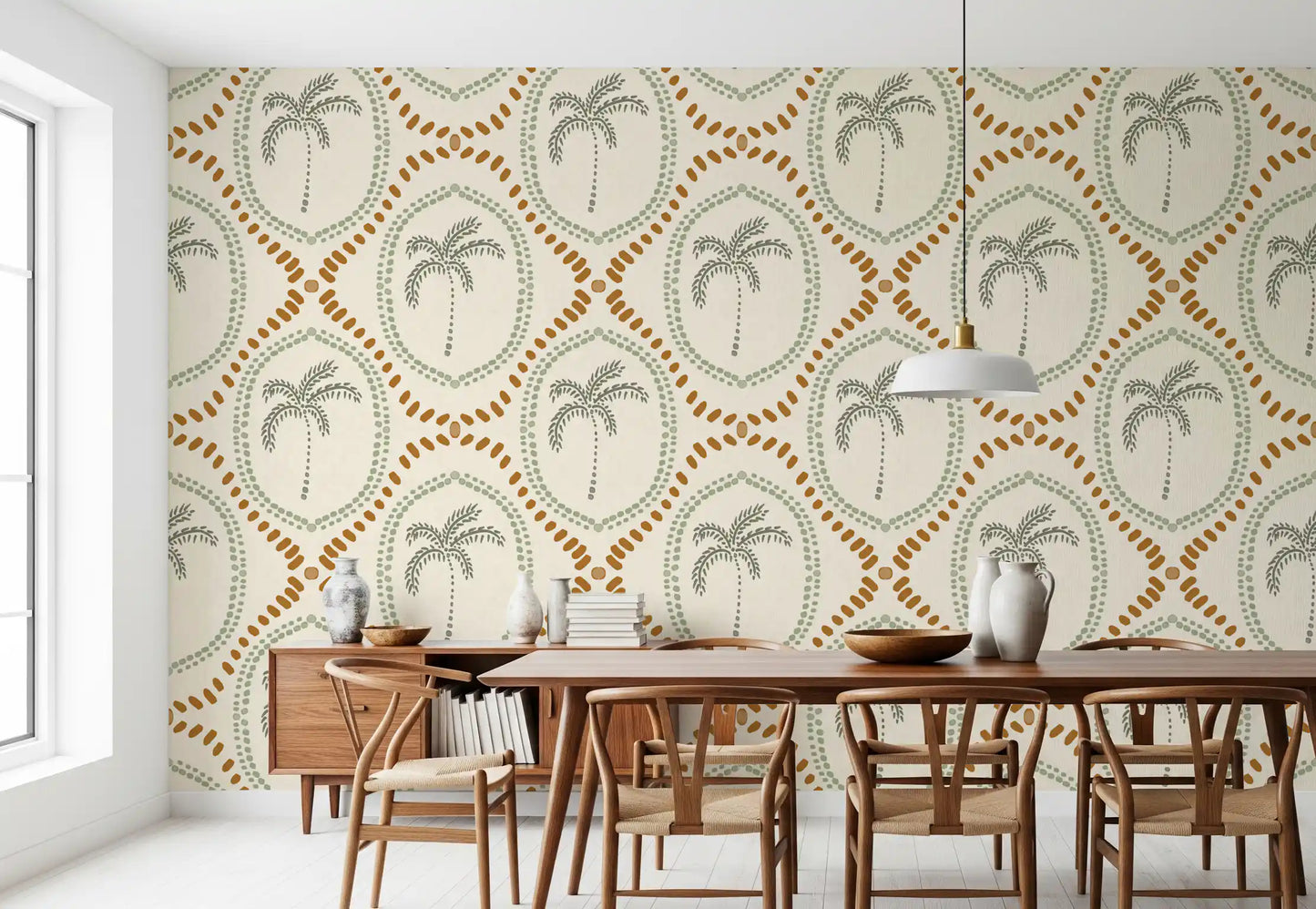 Boho palm motifs warm a sunlit dining room with golden and sage wallpaper detail., GD9639