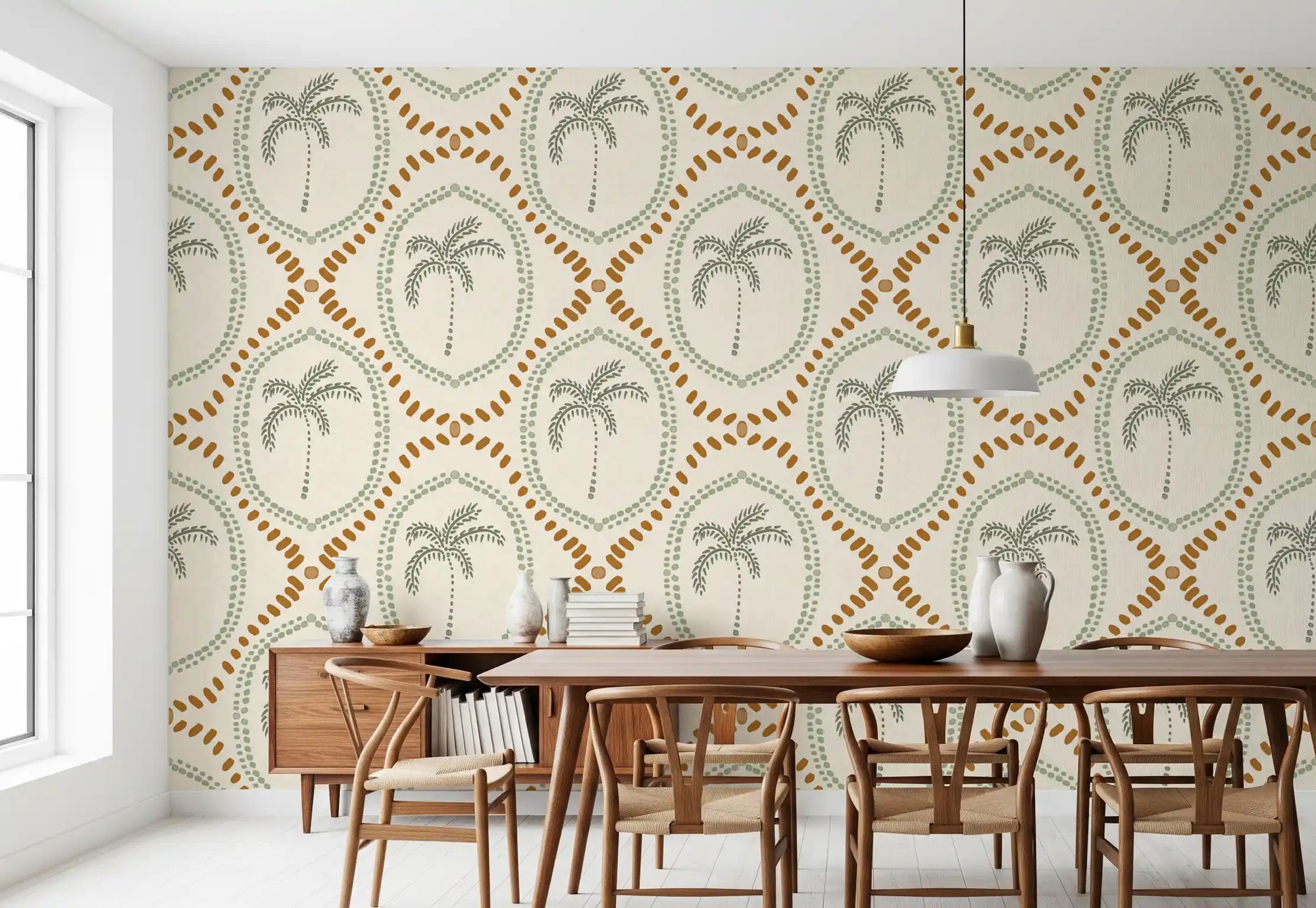 Boho palm motifs warm a sunlit dining room with golden and sage wallpaper detail., GD9639