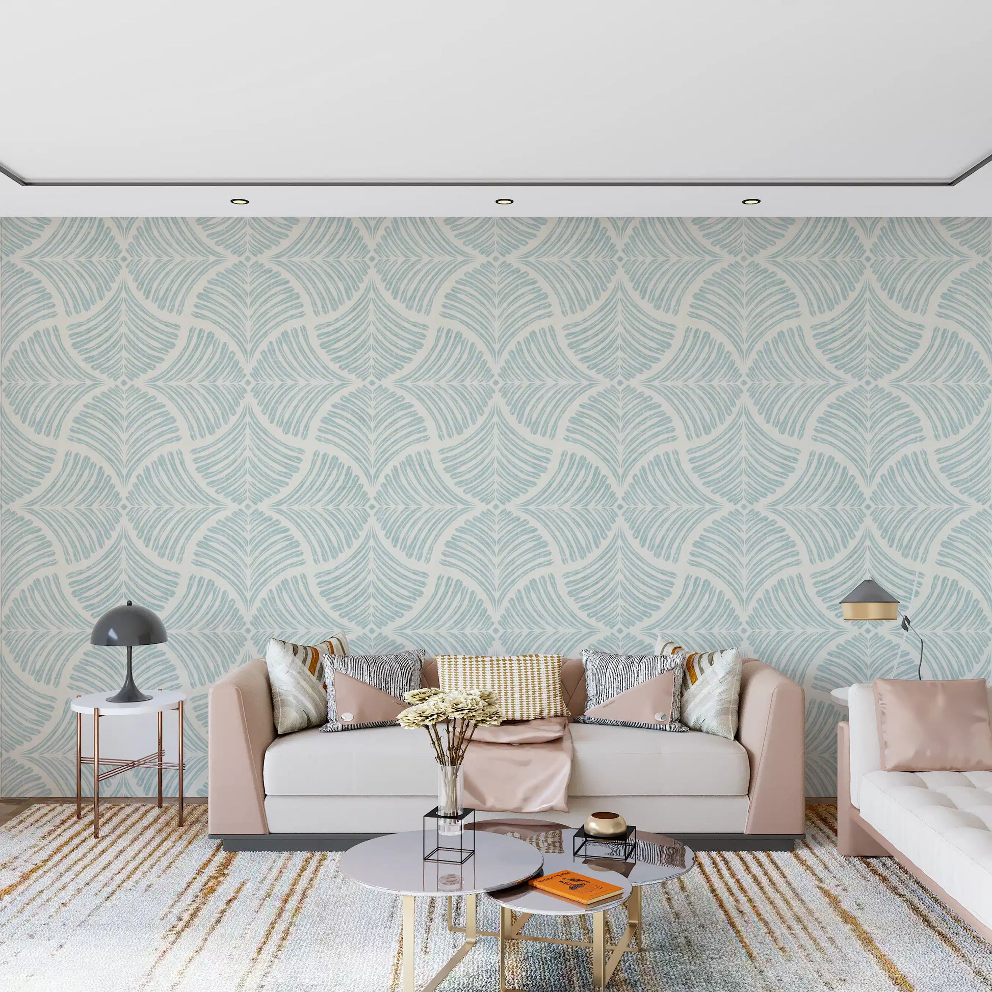 Minimalist scallop fan wallpaper styles a lounge in chalky pastel blue., GD9640