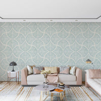 Minimalist scallop fan wallpaper styles a lounge in chalky pastel blue., GD9640