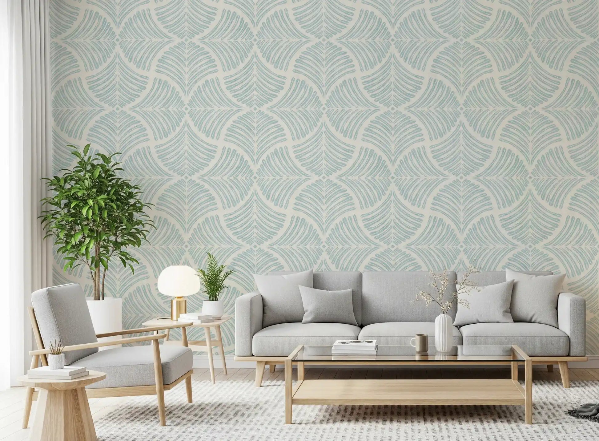 Linen-textured scallop motifs give the wallpaper a hand-touched feel without heaviness., GD9640