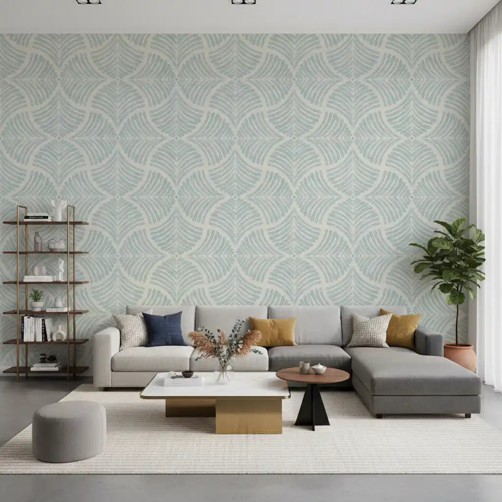 Pastel blue scalloped fans repeat in symmetrical pairs across this Japandi wallpaper., GD9640