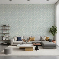Pastel blue scalloped fans repeat in symmetrical pairs across this Japandi wallpaper., GD9640