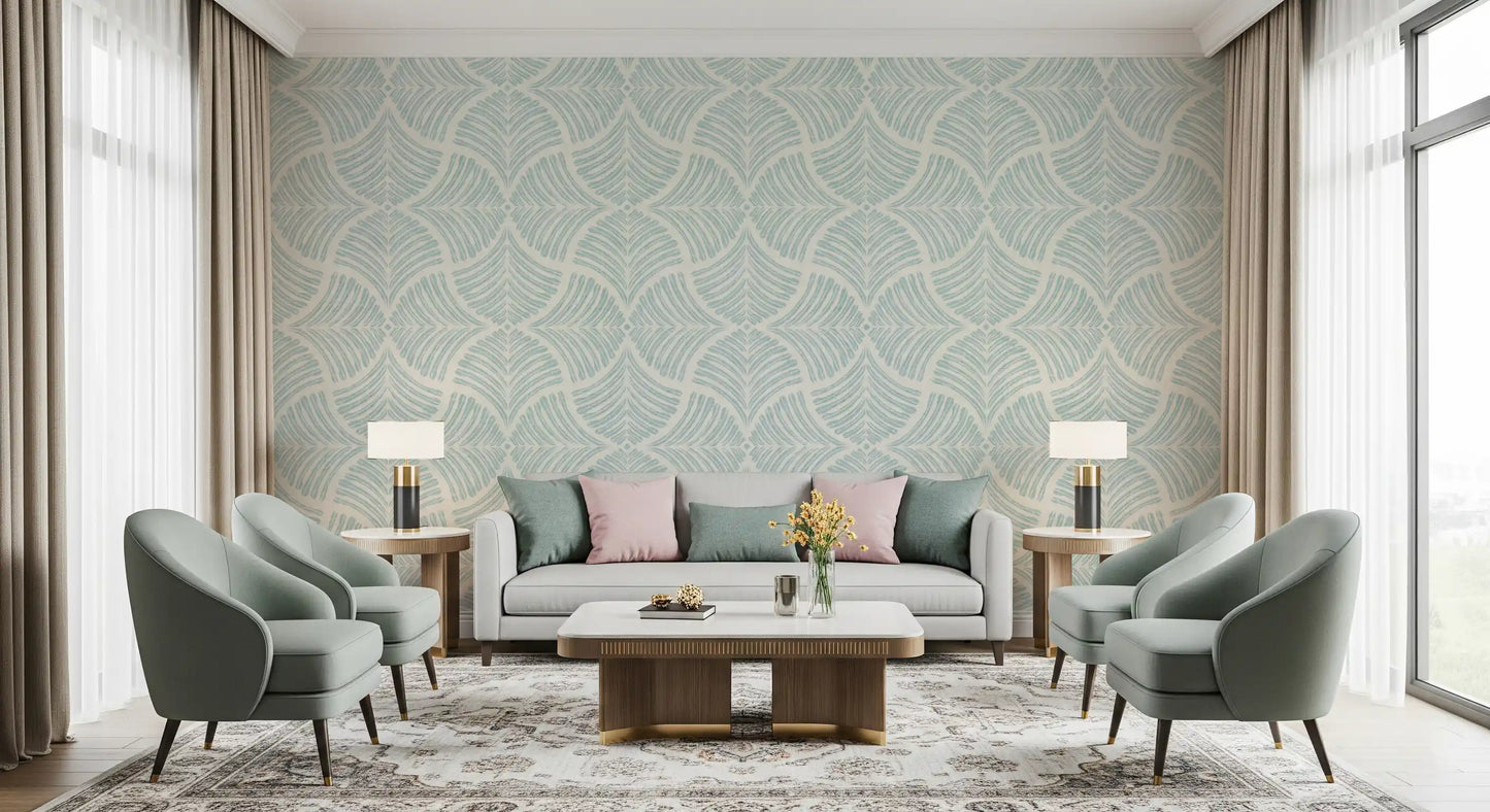 Symmetrical fan repeats run the full length of this pastel blue wallpaper., GD9640