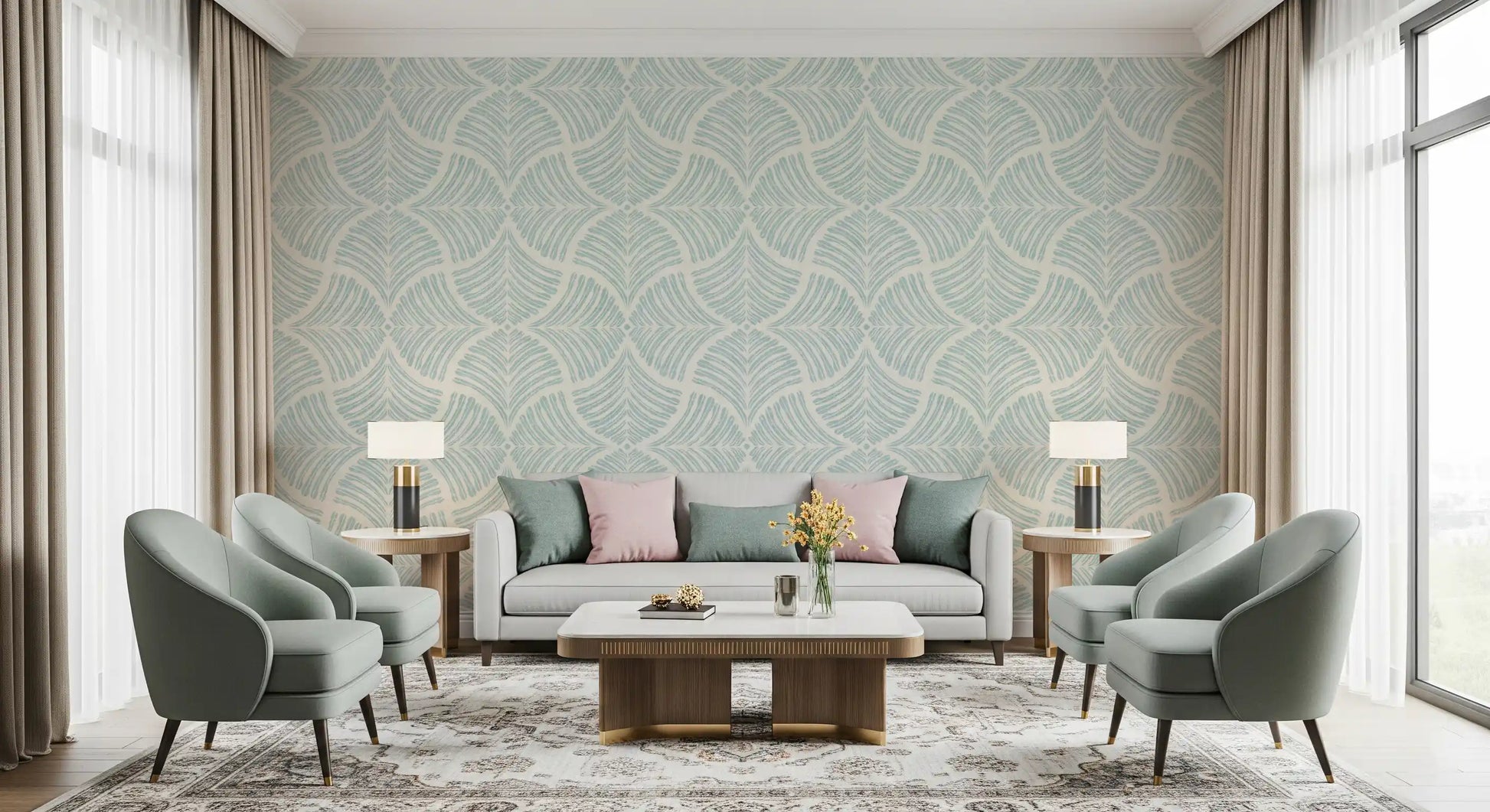 Symmetrical fan repeats run the full length of this pastel blue wallpaper., GD9640