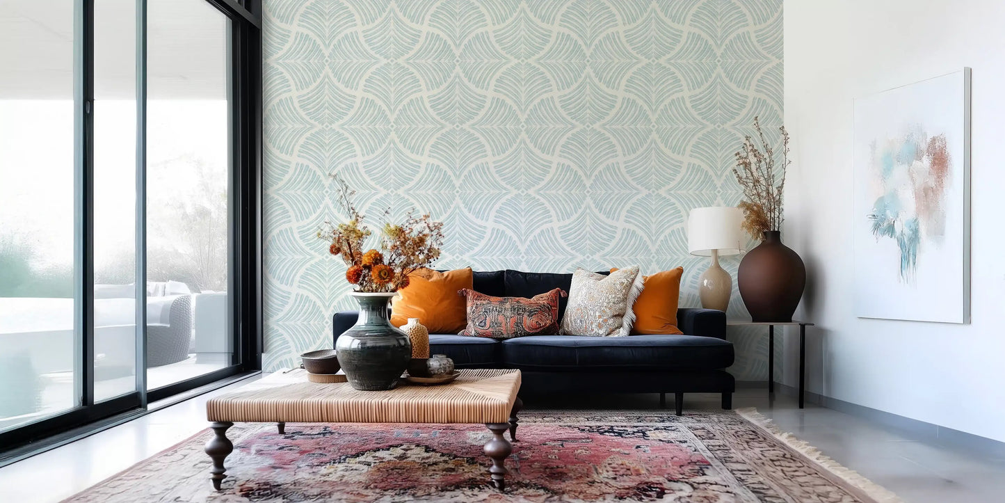 Living room reflect a Japandi calm through scalloped fan wallpaper., GD9640