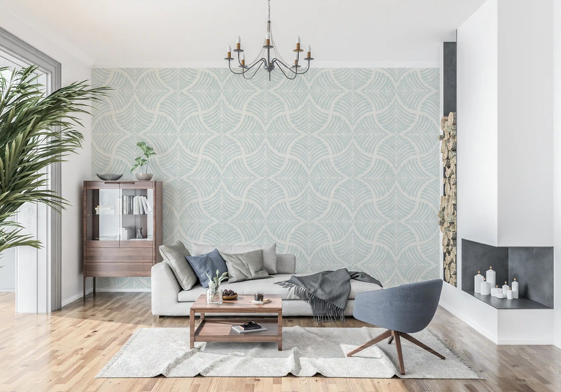 Japandi scallop wallpaper brings pastel calm into a bright living room., GD9640
