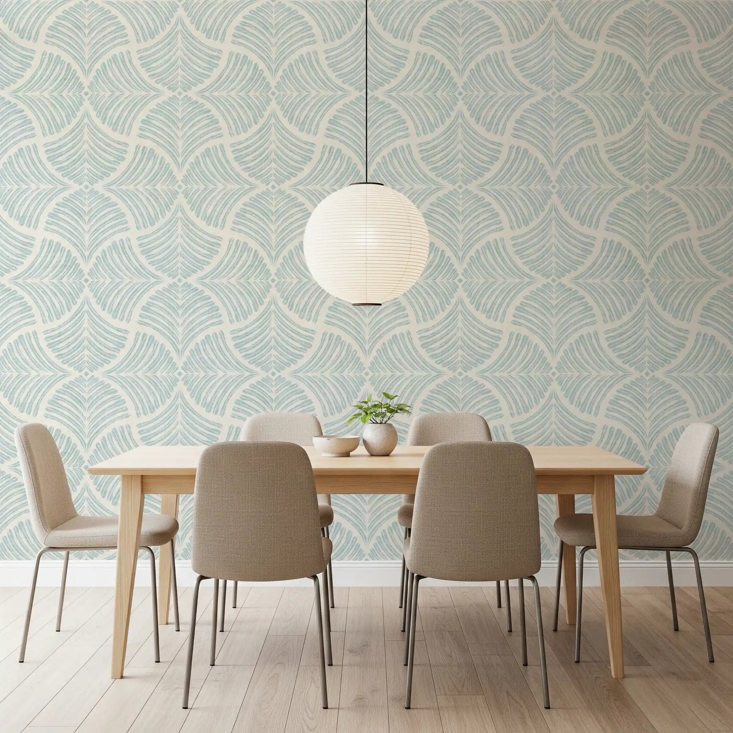 Textured fan wallpaper sets a hushed pastel tone in this dining room., GD9640