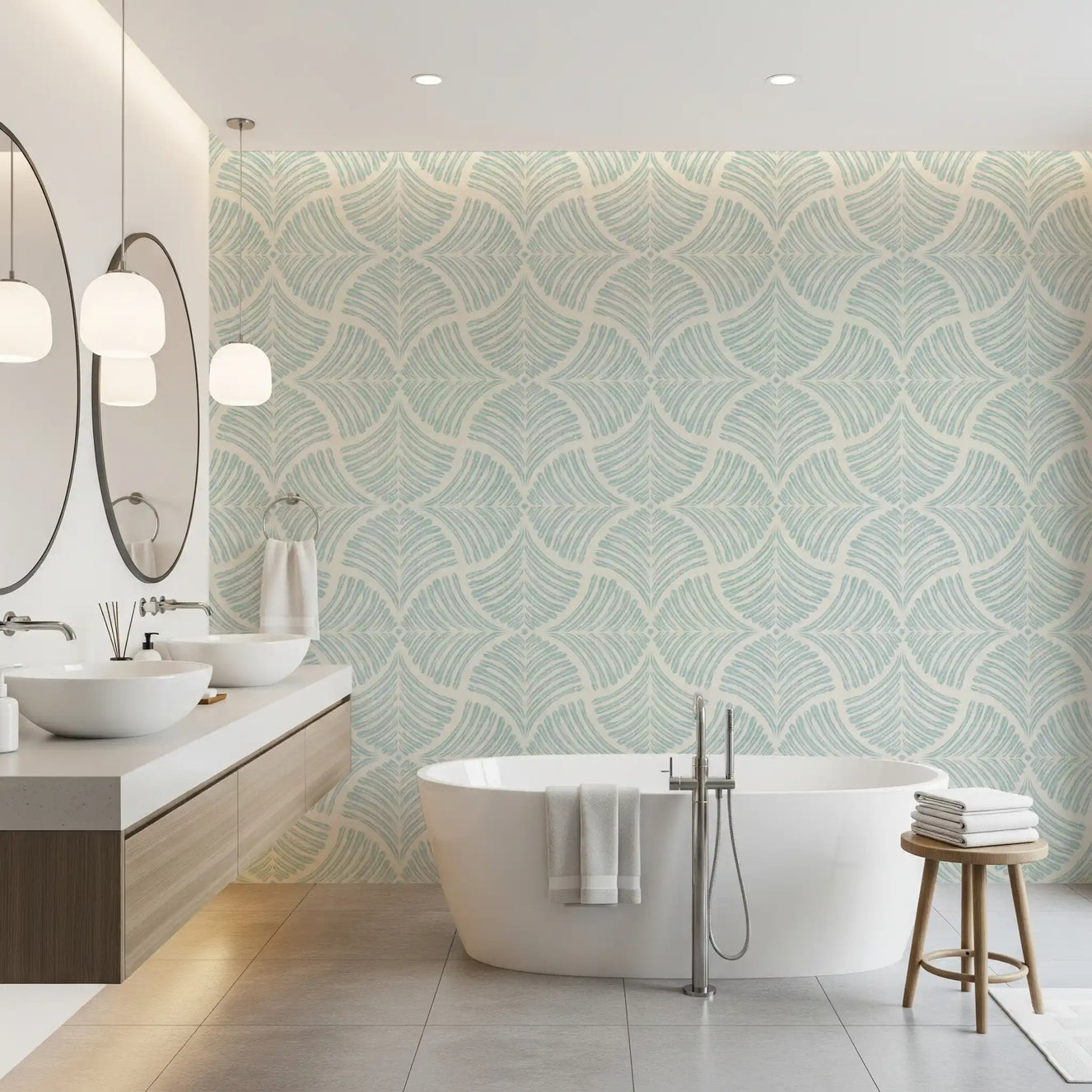 Pastel blue fan motifs drift quietly along a Japandi bathroom wallpaper.