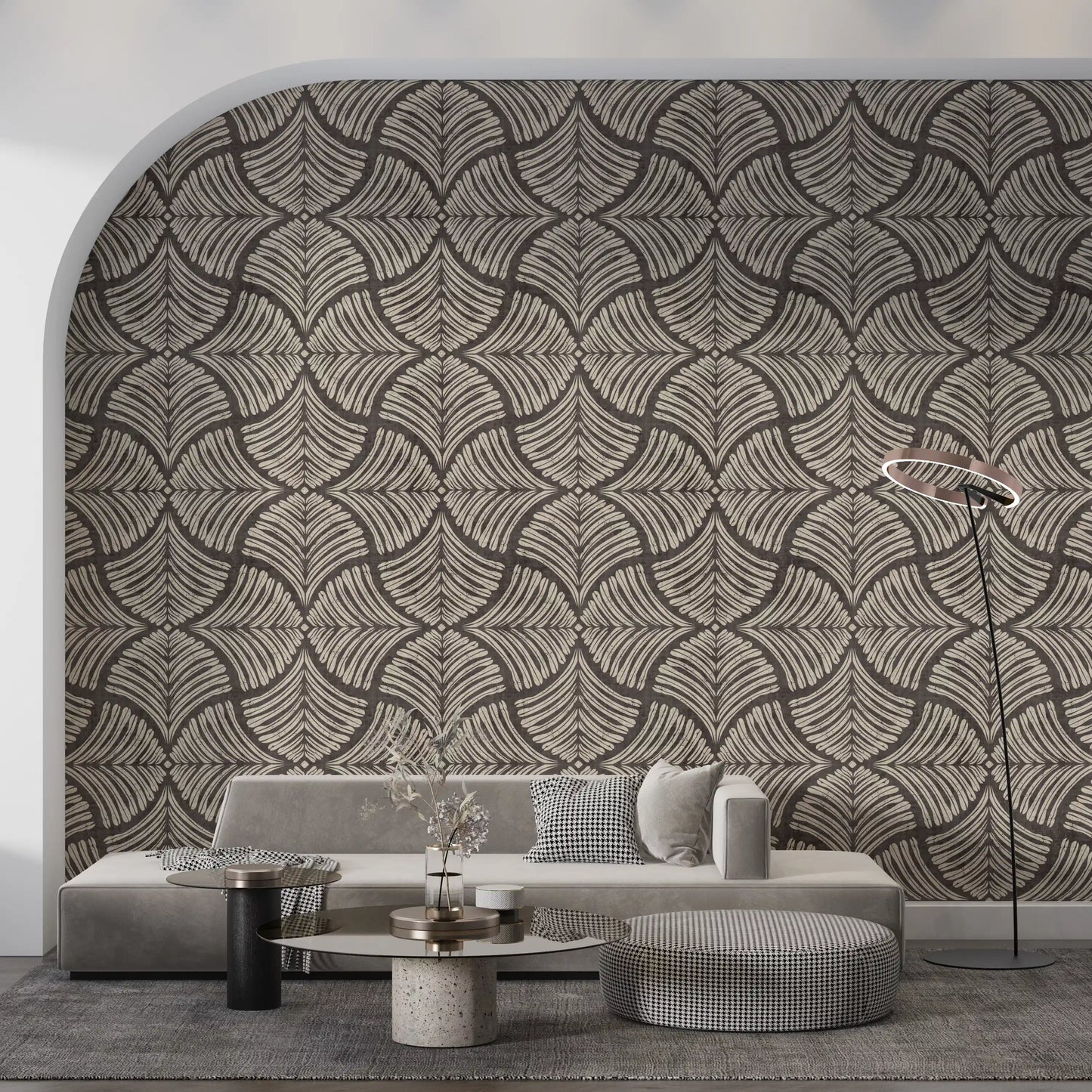 Set against a Living room backdrop, brown Japandi scallop wallpaper feels grounded.