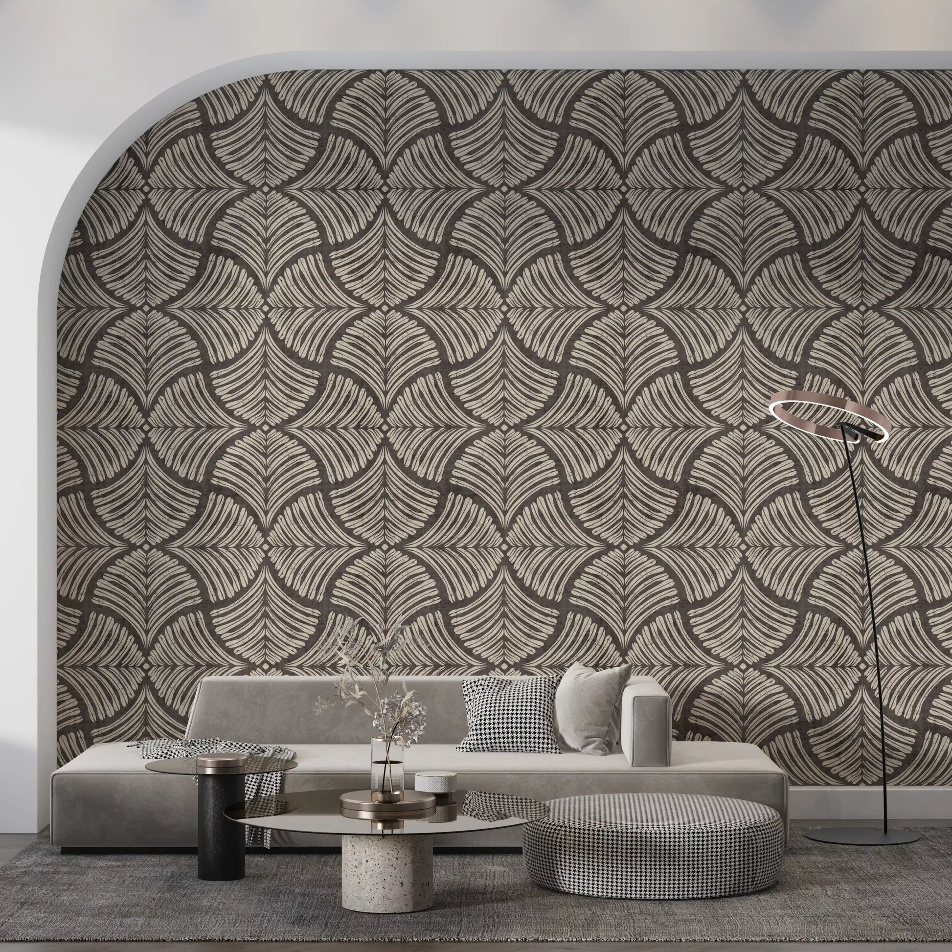 Set against a Living room backdrop, brown Japandi scallop wallpaper feels grounded.