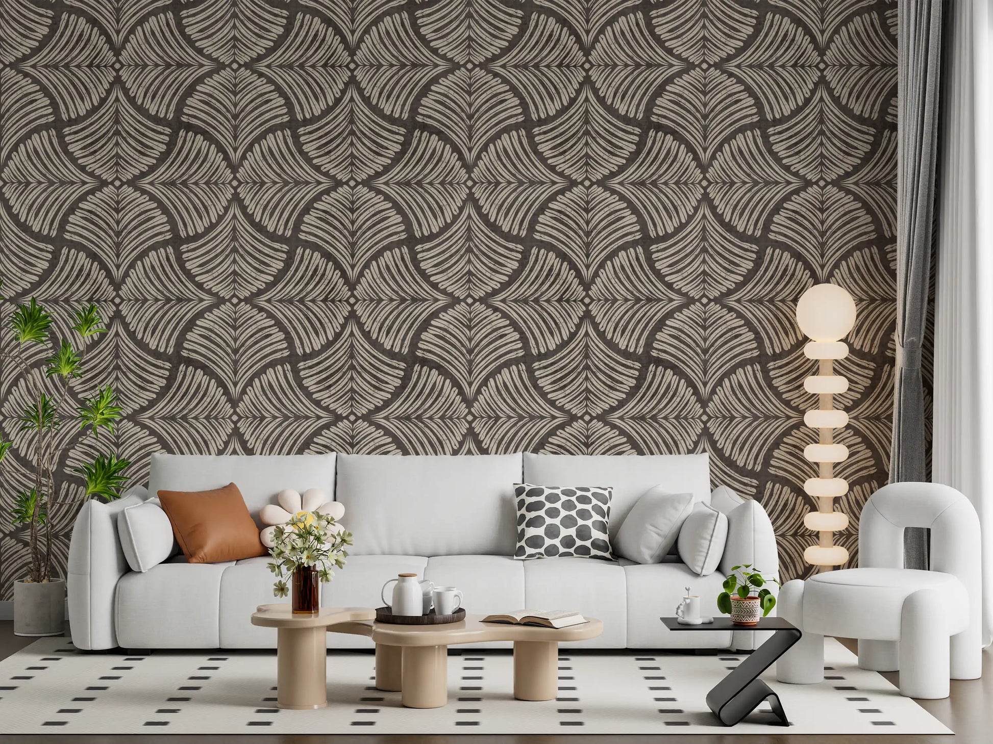 Focused living room softened by Japandi-inspired scallop fan wallpaper accents.
