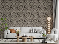 Focused living room softened by Japandi-inspired scallop fan wallpaper accents.